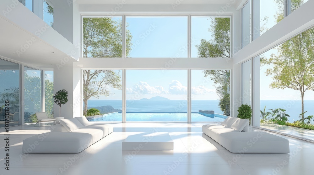 Fototapeta premium Luxurious Modern Living Room with Ocean View and Minimalist Design