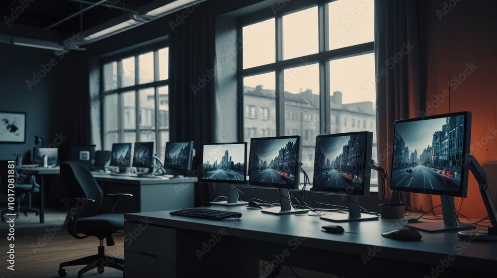 Modern office workspace with rows of computers and large windows overlooking a city street. Modern office workspace with rows of computers and large windows overlooking a city street.