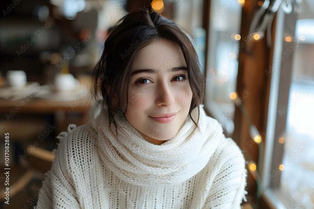 Cozy Winter Vibes: A Young Woman in a Warm Sweater Smiling by the Window Cozy Winter Vibes: A Young Woman in a Warm Sweater Smiling by the Window