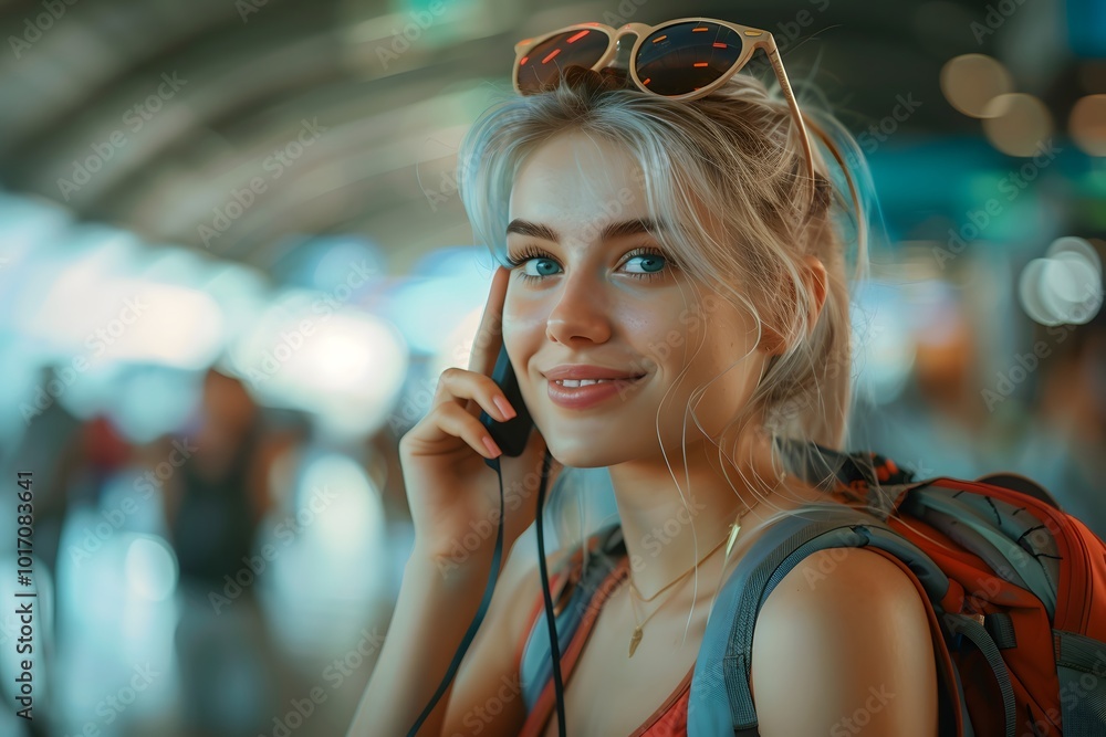 Young Traveler Enjoying Music at an Airport Young Traveler Enjoying Music at an Airport