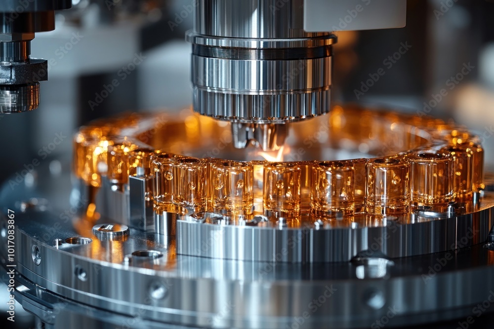 Close-up of a pharmaceutical production line, with a machine filling capsules with liquid. Close-up of a pharmaceutical production line, with a machine filling capsules with liquid.