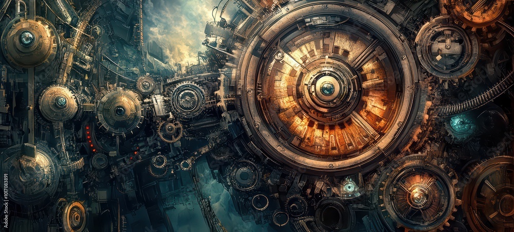 Naklejka premium A detailed steampunk-inspired illustration featuring gears, cogs, and mechanical creatures