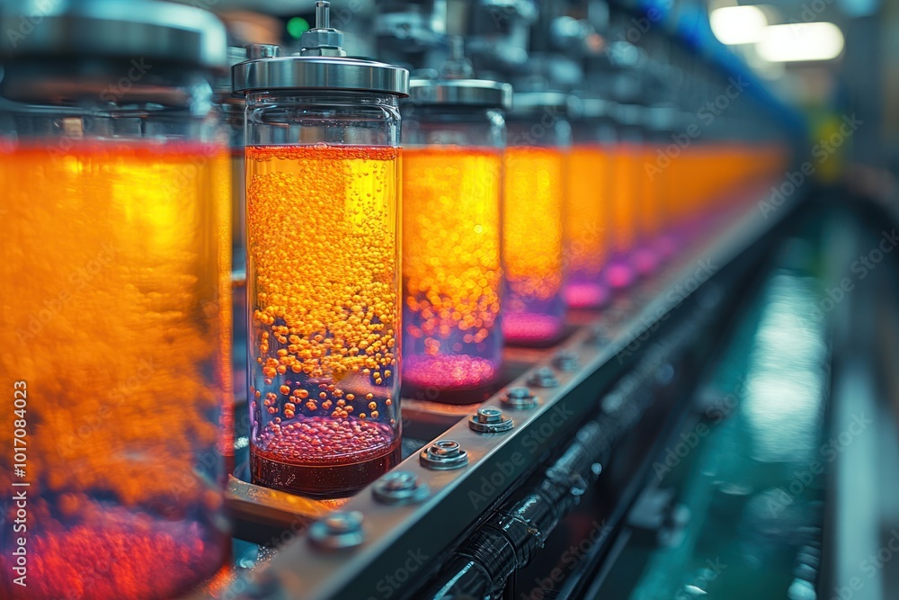 Closeup of a production line with cylindrical glass containers filled with a glowing orange liquid, suggesting a modern manufacturing process. Closeup of a production line with cylindrical glass containers filled with a glowing orange liquid, suggesting a modern manufacturing process.