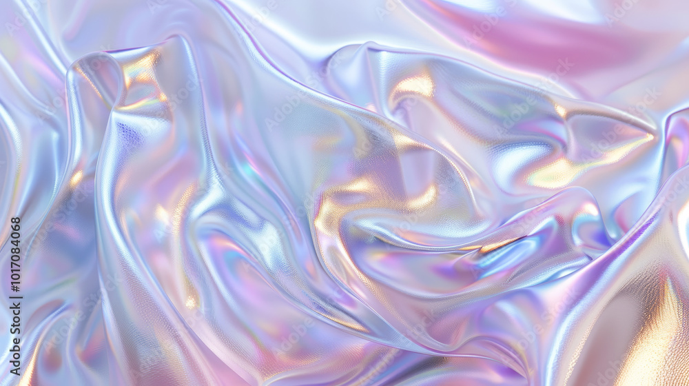 Obraz premium Abstract white silk wavy shapes futuristic background y2k banner. Holographic soft chrome purple pink effect. Pearlescent metal surface wallpaper. Presentation concept texture
