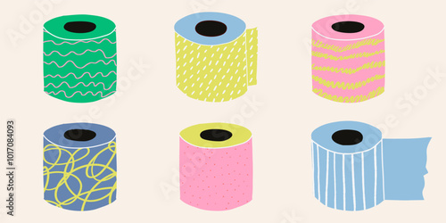 multi-colored vector toilet paper, flatt art, cardboard sleeve, recycling