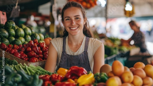 A cheerful Caucasian woman at a greengrocer's stand, surrounded by fresh fruits and vegetables, enjoying her shopping experience at the local market.