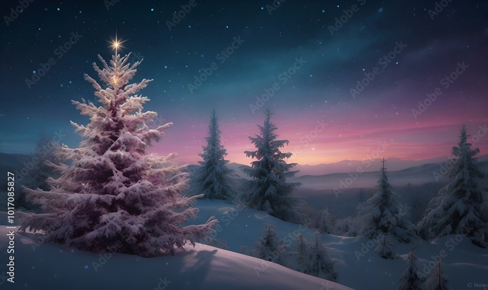 Mesmerizing Christmas tree in a cosmic landscape with shimmering decorations and lights Mesmerizing Christmas tree in a cosmic landscape with shimmering decorations and lights
