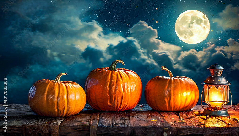 halloween day:three pumpkins on the right side of the photo, the pumpkins are on top of a rustic wooden table, in the background a starry sky with a full moon and clouds, photo realism halloween day:three pumpkins on the right side of the photo, the pumpkins are on top of a rustic wooden table, in the background a starry sky with a full moon and clouds, photo realism