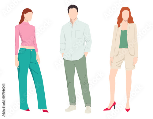 1518_Vector fashion illustration of two beautiful women and handsome man wearing various fashionable casual clothes