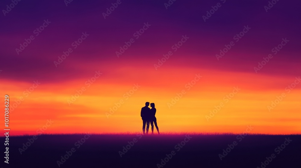 A couple embraces at sunset, silhouetted against a vibrant sky. A couple embraces at sunset, silhouetted against a vibrant sky.