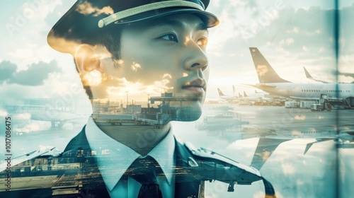 Double exposure image of an Asian male wearing a flight attendant's uniform with airplanes and airport terminals in the background. photo