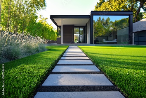 Rich espresso artificial grass complementing a contemporary home with a minimalist design and a straight concrete pathway