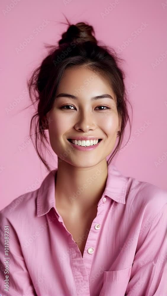 Asian woman in pink shirt and ponytail. She smiles. She has a white smile Asian woman in pink shirt and ponytail. She smiles. She has a white smile