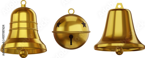 set of isolated golden bells. collection of 3d gold bell realistic illustration 