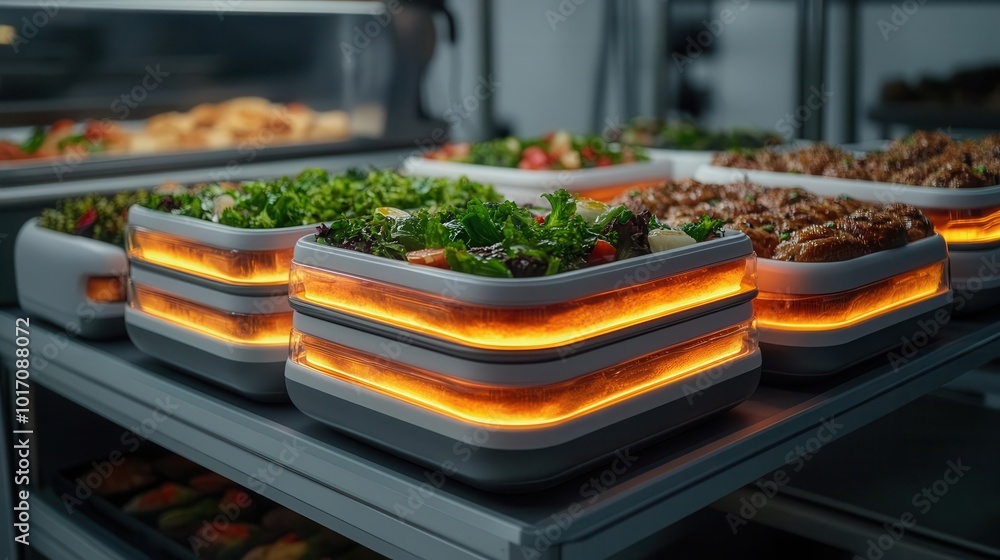 A futuristic bakery where slow-cooked meals are packaged in sleek, glowing containers, waiting to be delivered by robotic couriers A futuristic bakery where slow-cooked meals are packaged in sleek, glowing containers, waiting to be delivered by robotic couriers