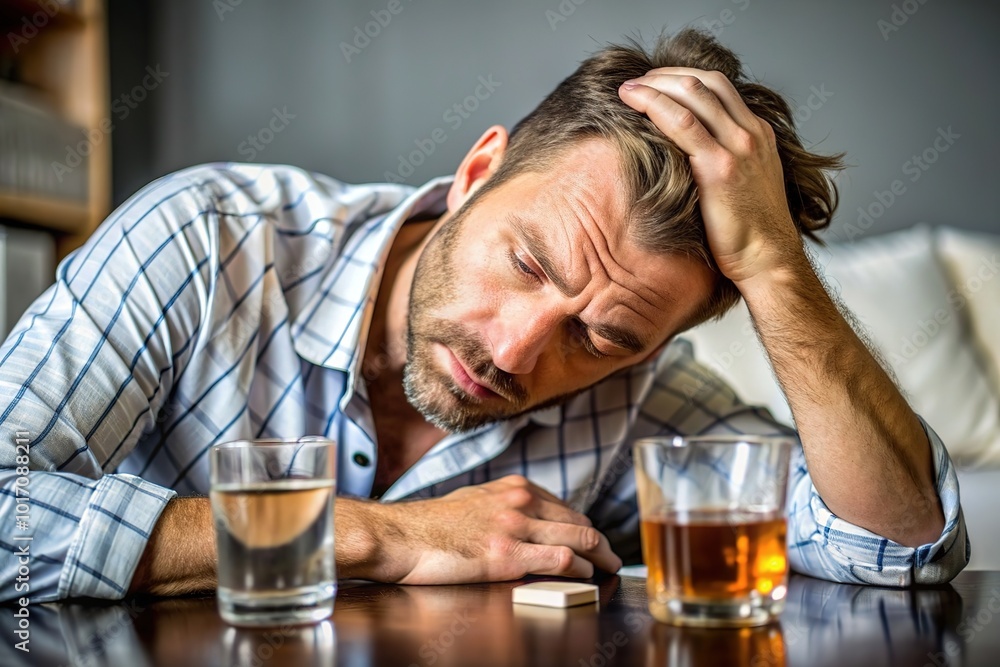 Health care alcoholism drunk, fatigue young man holding glass of whiskey, depressed male drink booze, sleep on table at home. Treatment of alcohol addiction, suffer abuse problem alcoholism.