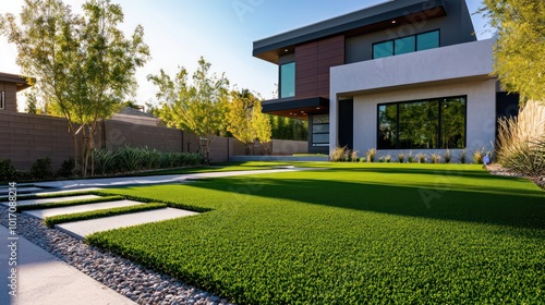 Rich merlot synthetic grass in front of a modern home with a minimalist backyard and geometric concrete pathway