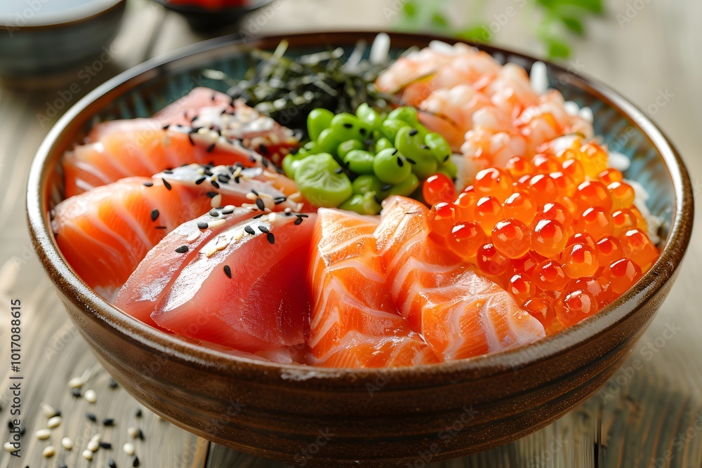 Colorful Sushi Bowl with Fresh Seafood and Toppings Colorful Sushi Bowl with Fresh Seafood and Toppings