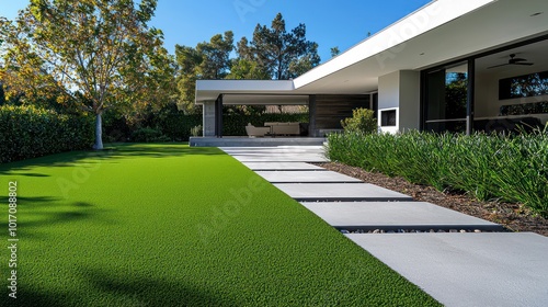 Wallpaper Mural Rich olive artificial turf in a minimalist backyard of a modern home with a clean, linear concrete walkway Torontodigital.ca