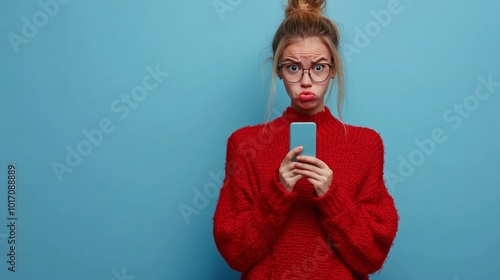 Frowny woman holds phone, no message. photo