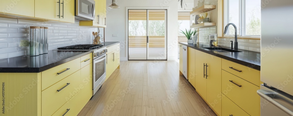 Sleek kitchen with lemon yellow cabinets, jet black countertops, brushed nickel fixtures, and pale bamboo flooring Sleek kitchen with lemon yellow cabinets, jet black countertops, brushed nickel fixtures, and pale bamboo flooring