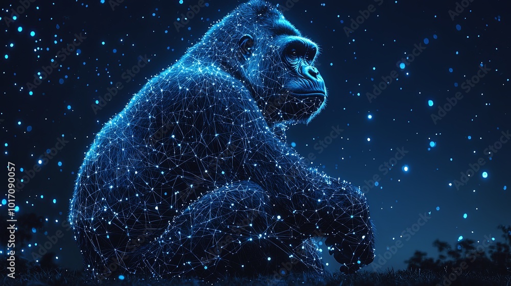A contemplative digital design of a gorilla seated with a cosmic, star-filled background, showcasing the harmony between nature, art, and futuristic design concepts. A contemplative digital design of a gorilla seated with a cosmic, star-filled background, showcasing the harmony between nature, art, and futuristic design concepts.