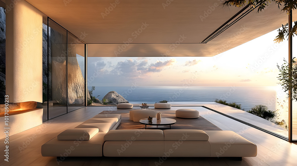 Luxury architecture, ocean front property landscape. Modern living room ...