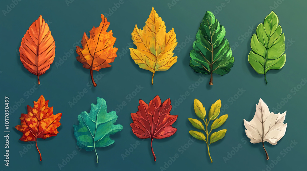 Fototapeta premium Set of autumn leaves from different trees on green background. Top view. 