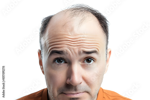 Bald man or woman worry about his or her less hairline on white background isolated