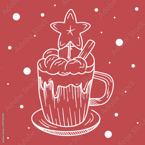 Cute eggnog with christmas glass decoration. Eggnog drink design in glass cup. Hand drawn illustration