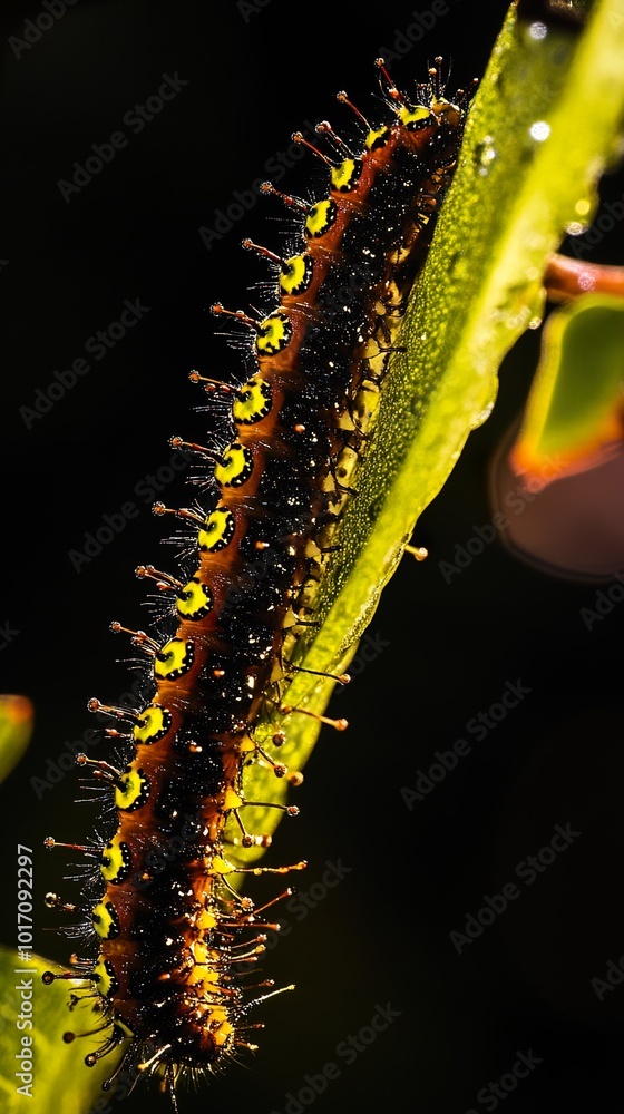 Naklejka premium Close-Up of a Spiky Caterpillar on a Green Leaf