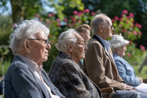 elderly people sitting in the park and looking at the camera