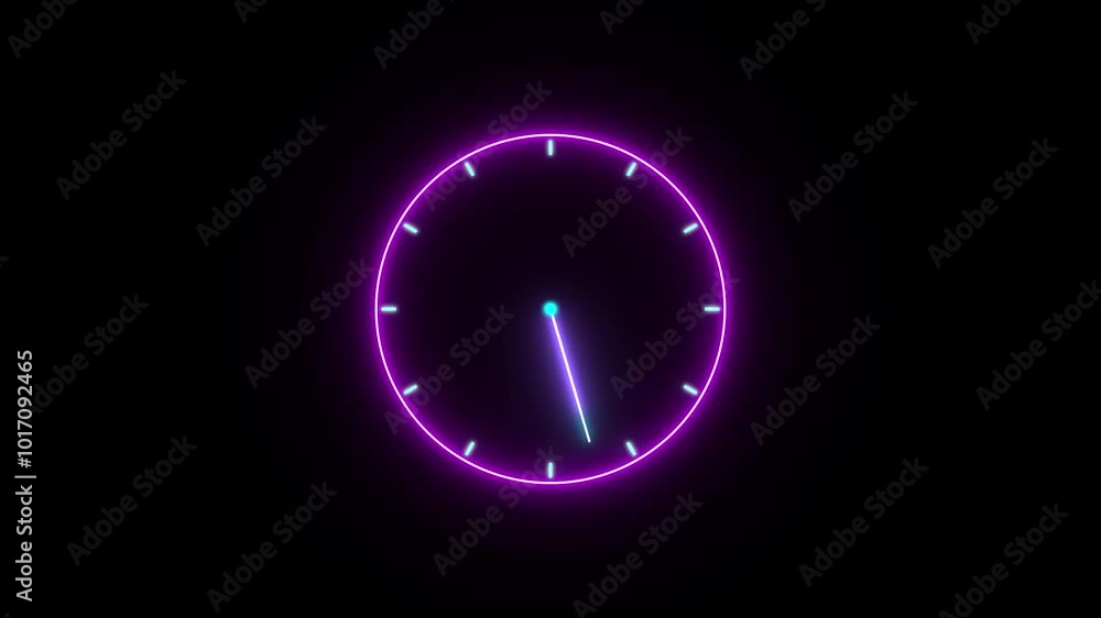 Animated continuous looping neon clock on black background.