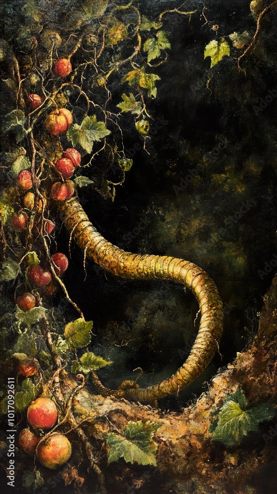 Enigmatic Forest: A Twisted Branch with Red Fruit Enigmatic Forest: A Twisted Branch with Red Fruit