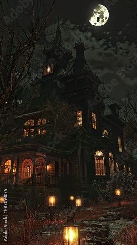 A haunted house with lanterns, a dark sky, and a full moon in the background,...