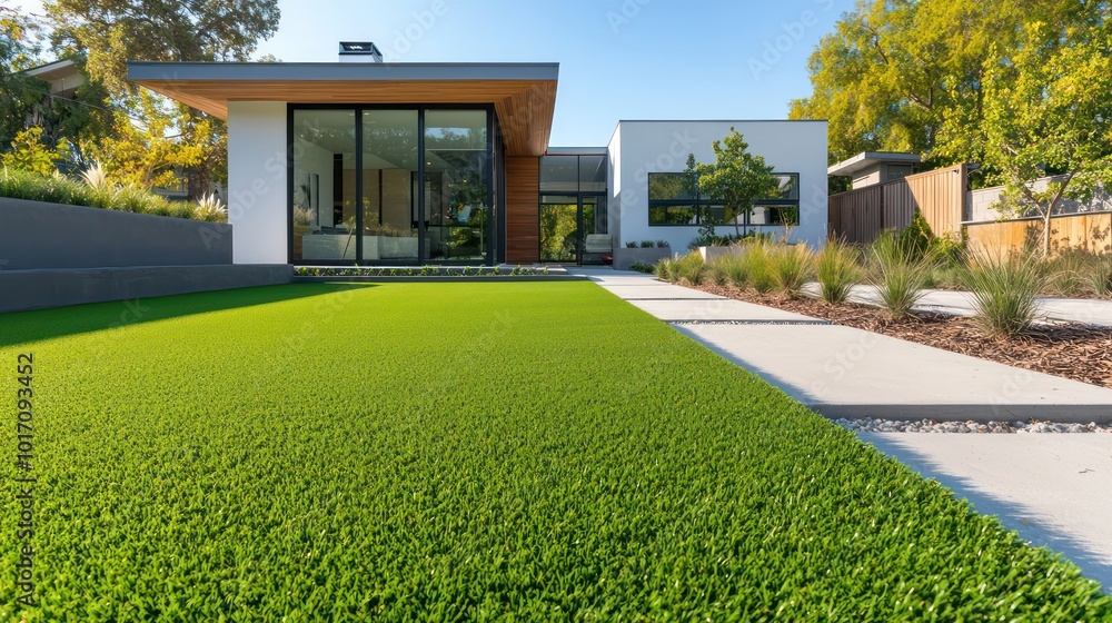 Soft aqua synthetic grass installation in front of a modern home with a minimalist backyard and concrete walkway Soft aqua synthetic grass installation in front of a modern home with a minimalist backyard and concrete walkway