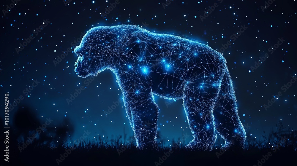 A captivating digital artwork of a gorilla in blue luminescent form, blending nature and cosmos, representing majesty and grace in the night sky. A captivating digital artwork of a gorilla in blue luminescent form, blending nature and cosmos, representing majesty and grace in the night sky.