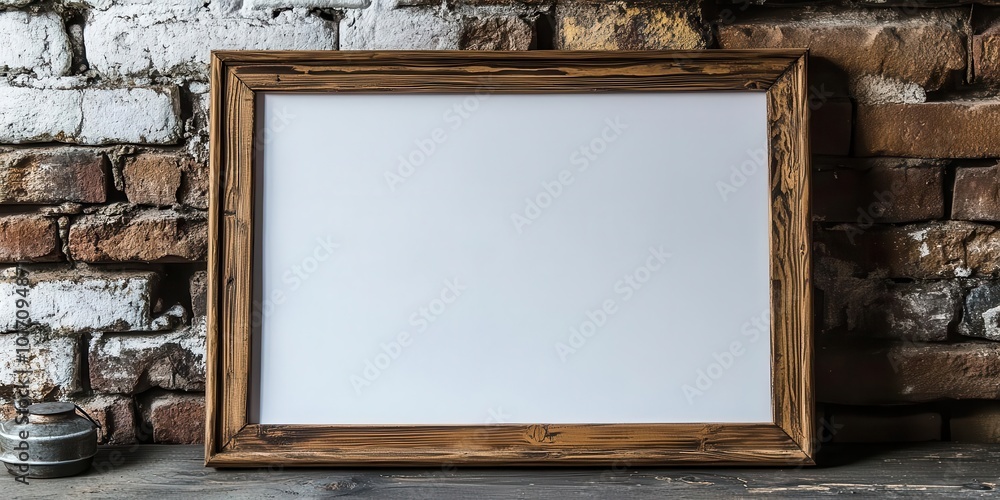 Empty wooden frame on a rustic brick background. Empty wooden frame on a rustic brick background.