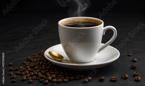 Cup with hot black coffee, contrasting dark background