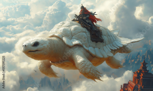 Fantasy flying huge turtles with riders. photo