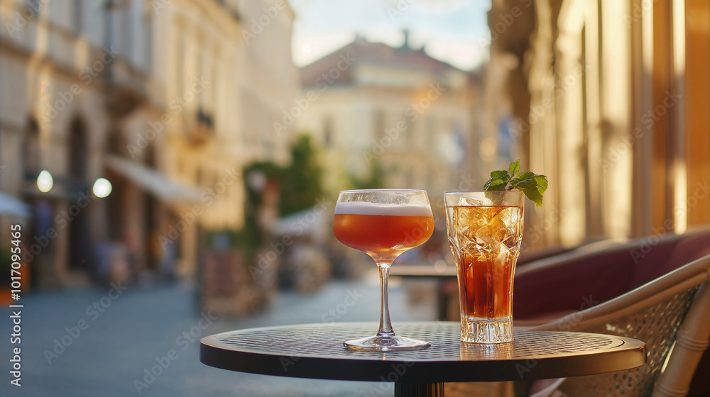 Two glasses of cocktails on a table in an outdoor street cafe. A charming European city in the blurred background Two glasses of cocktails on a table in an outdoor street cafe. A charming European city in the blurred background