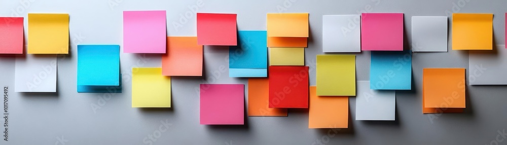Colorful sticky notes arranged creatively on a grey background. Colorful sticky notes arranged creatively on a grey background.