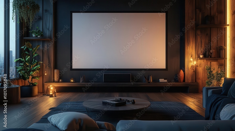 Cozy living room with projector screen and modern decor, warm lighting, and plants. Cozy living room with projector screen and modern decor, warm lighting, and plants.