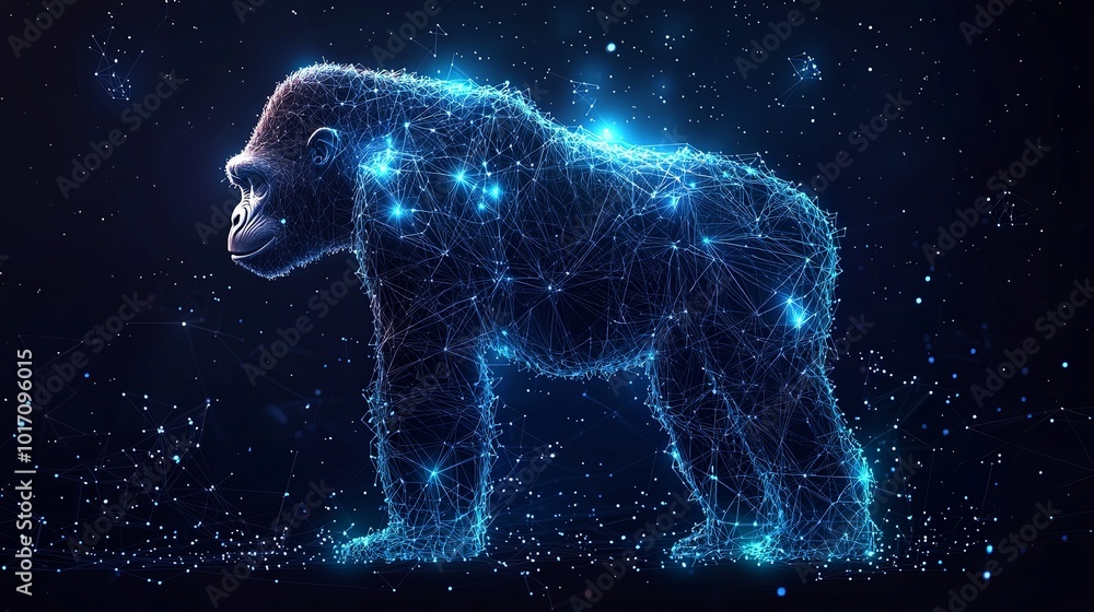 A stunning side profile of a bioluminescent gorilla composed of glowing patterns in a cosmic setting, conveying mystery and a futuristic vision. A stunning side profile of a bioluminescent gorilla composed of glowing patterns in a cosmic setting, conveying mystery and a futuristic vision.