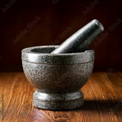 granite mortar and pestle on a wooden background