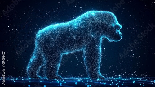 Abstract depiction of a gorilla silhouette crafted with glowing cosmic patterns, symbolizing power and mystery against the vastness of space. photo