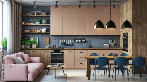 Stylish flat with topaz kitchen cabinets, wooden shelves, almond walls, obsidian pendant lights, blush pink sofa, and steel blue dining chairs photo