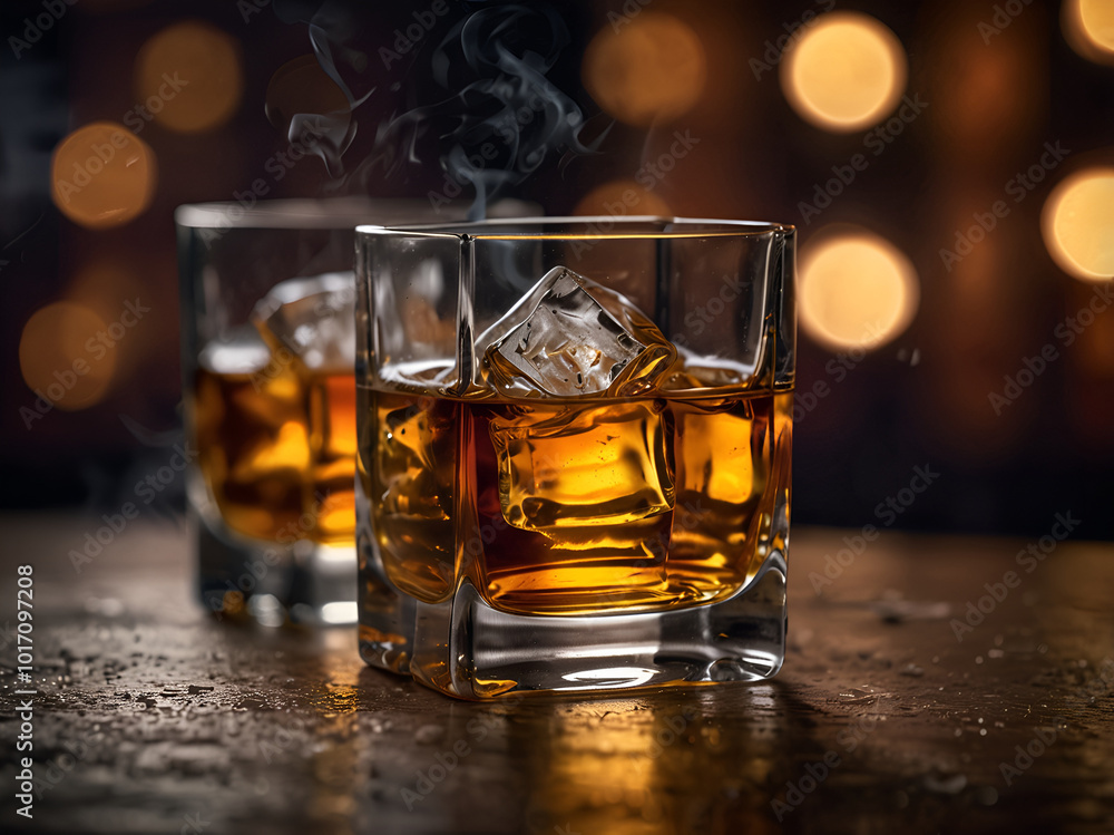 HDR scene: two glasses with whiskey and ice, soft golden lighting HDR scene: two glasses with whiskey and ice, soft golden lighting