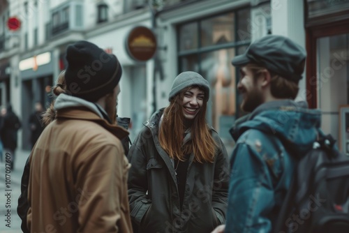 Group of friends walking in the city. One of them is talking to another.