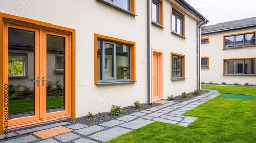 Ultra-modern dwelling with ochre window frames and cream walls, featuring a topaz terrace and slate path The door is peach, and the lawn is emerald photo